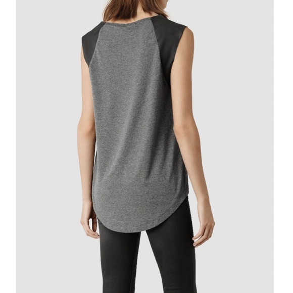 All Saints Tops - All Saints Alienor Tank Grey Brown Leather Sleeves